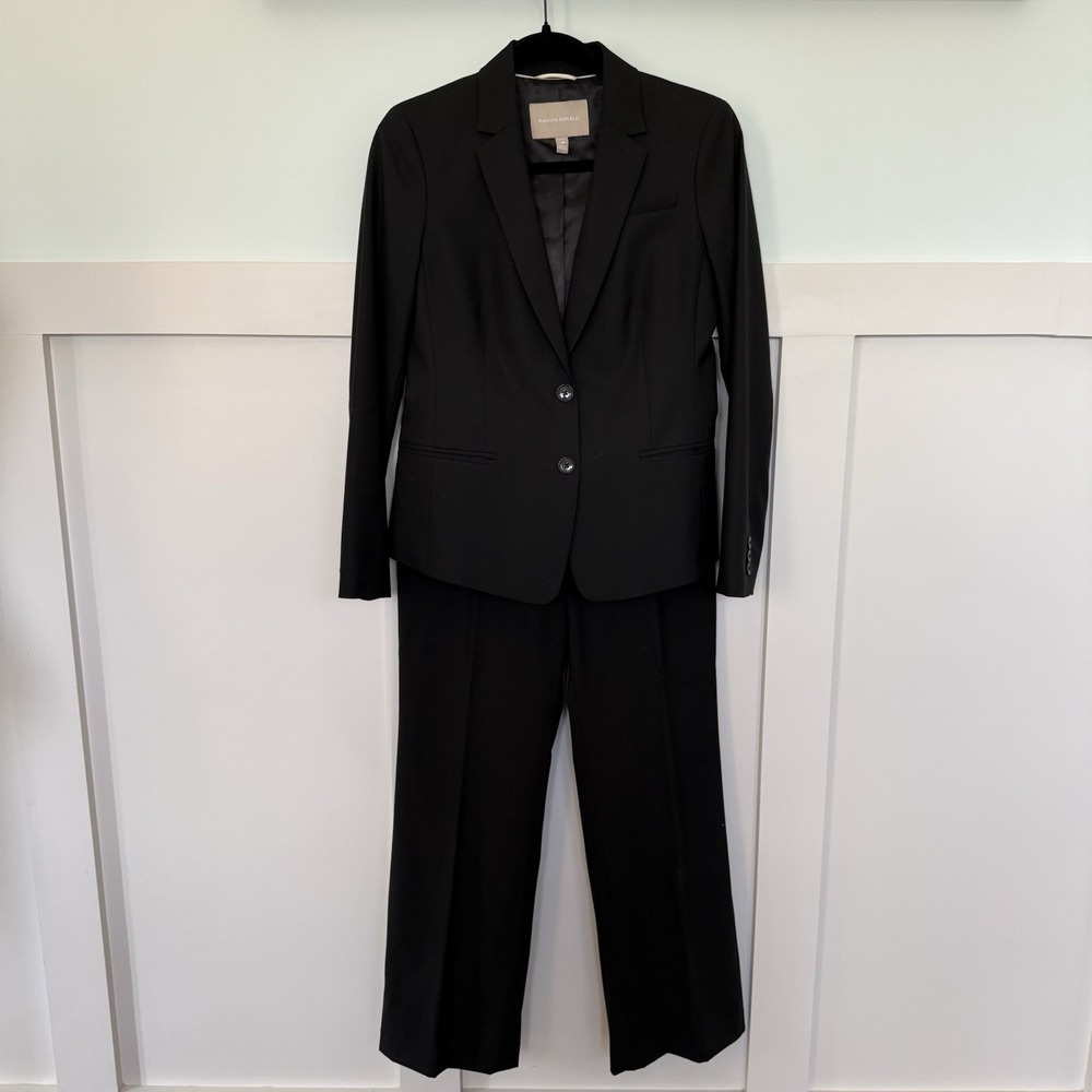 Banana Republic Martin Fit Black Wool Blend Blazer Paints Suit 6P Black Wide Leg